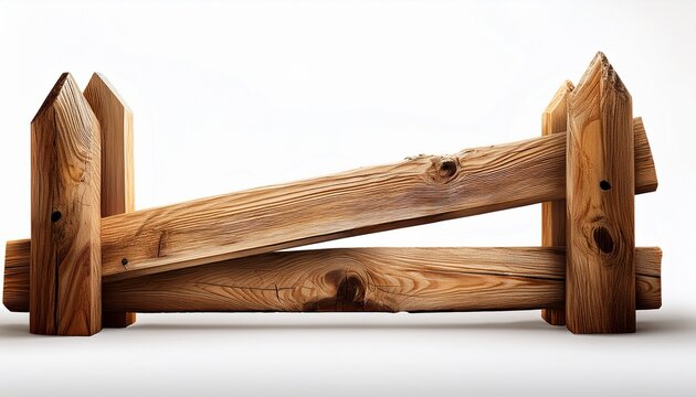 wooden collapsed barricade with rough planks on a white background