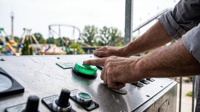 Ride operator pressing a green launch button on a control panel at an amusement park