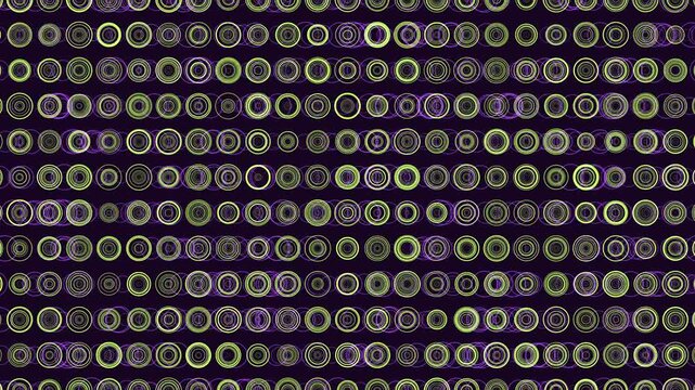 Abstract footage of neon concentric circles in a repeating grid on dark background, creating a futuristic geometric pattern for technology, music visuals, and design