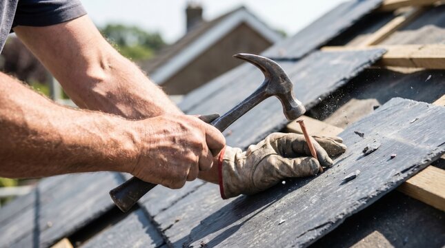 Roofer using a hammer to secure a copper nail into a slate roof tile on a house