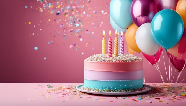 colorful birthday cake with balloons and confetti on pink background