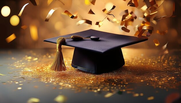 graduation cap and diploma with gold confetti backdrop