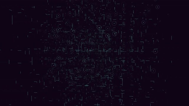 Futuristic technology footage of floating lines, dots, and circles forming a digital network on dark background, ideal for AI, cybersecurity, big data, and fintech visuals