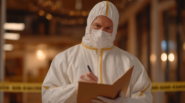 Asbestos clearance inspector uses a high-volume air sampler positioned at a critical monitoring point inside a decontaminated hospital plant room, writing final certificate notes while a removal sup