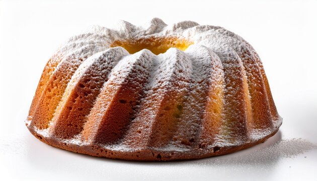 bundt cake with powdered sugar dusting on white background