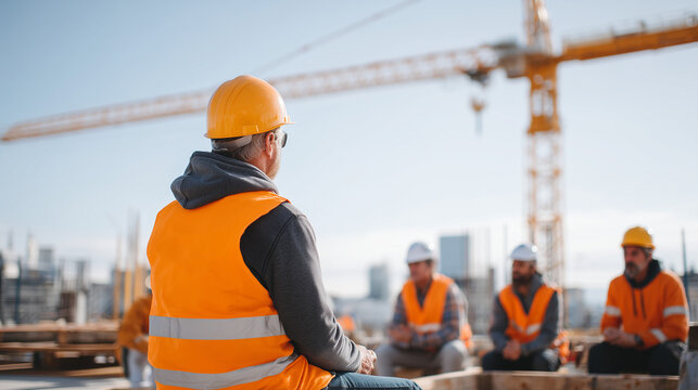 Site manager conducts a toolbox talk under a tower crane's shadow on a major hospital construction project, workers in full PPE seated on upturned buckets and formwork plank benches in an open concr