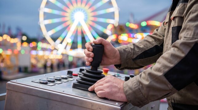 Carnival ride operator holding a joystick control lever with a ferris wheel in the background