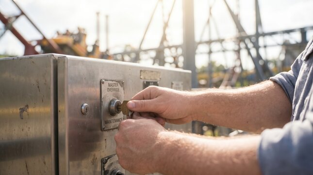 Maintenance worker turning the master override key on a metal control panel at a theme park