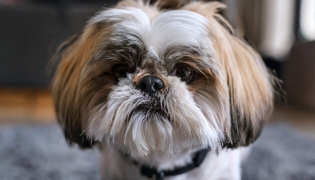 close up of angry shih tzu dog standing on carpet with messy fur and black collar expressive pet emotion showing attitude and character domestic animal concept with strong facial expression