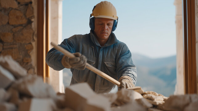 Interior demolition specialist uses a long-handled rotary tool to remove tile adhesive from a concrete substrate in a gutted hotel bathroom, ear protection on, face visor down, with stacked tile deb
