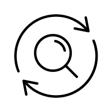 Black single magnifying glass sync line icon, simple repeat search flat design vector pictogram, infographic vector for app logo web button banner ui ux interface elements isolated on white background