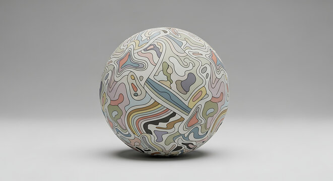 Pixelated sphere with a colorful abstract pattern, appearing like digital confetti or fragmented mosaic on a neutral background, representing digital art and data visualization