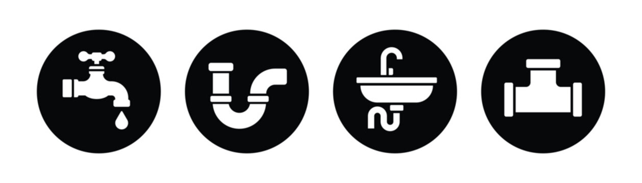 Plumbing Icons Set Black and White Faucet Pipe Sink Valve in Circle Style, Water System and Sanitary Symbols for Maintenance, Repair and Industrial Design