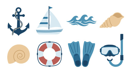 flat vector summer beach vacation icons set with nautical elements © Andrei