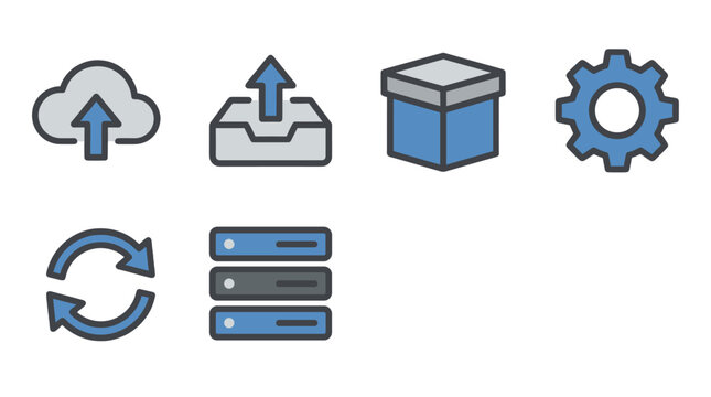 flat design business process icons set with cloud upload and data storage