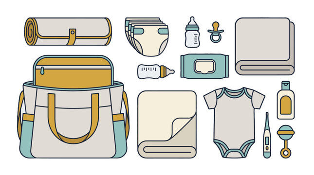 flat lay travel essentials and baby care items on light background