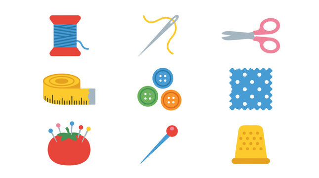 flat lay crafting supplies with colorful yarn buttons and sewing tools