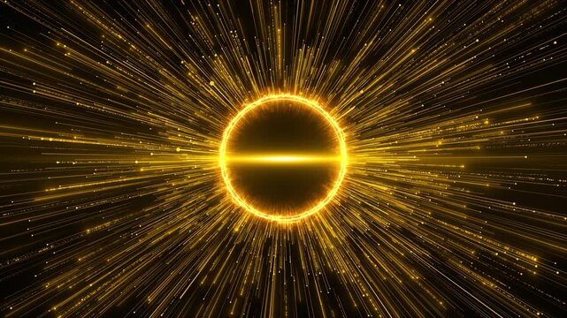 Golden eclipse light burst background glows circular ring, fast particle streaks, intense cinematic energy luxury intros, cosmic titles, award openers, festival music visuals, dramatic transitions.