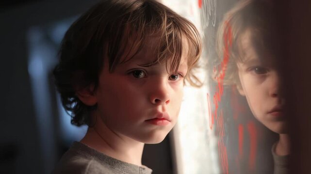 Young boy concentrating while drawing with a red marker on a glass surface