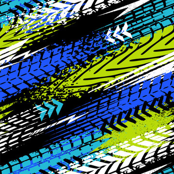 Abstract seamless grunge pattern for boy. Urban style modern background with trace of tire, lightning and spray elements. Drive and speed modern creative wallpaper for guys.
