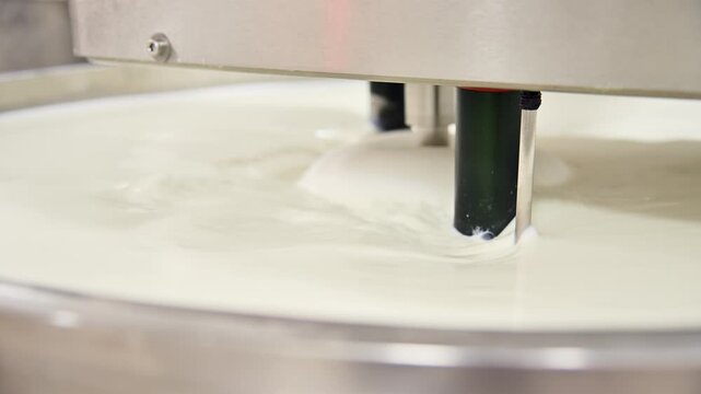 Milk processing in industrial separator with visible liquid and machinery components