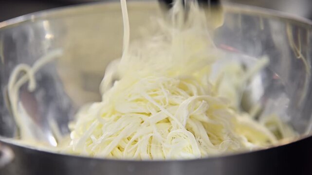 Stracciatella cheese preparation process in stainless steel bowl with strands
