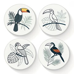 Fototapeta premium Four round coasters displaying toucan and parrot illustrations with tropical leaves on a white background