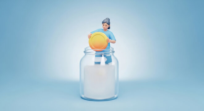 3d illustration of a person adding a large gold coin to a glass savings jar representing financial growth and personal budget goals