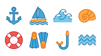 colorful flat design marine and beach icons set with nautical elements © Andrei