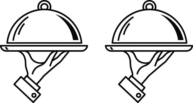 Minimalist black and white vector line art icons featuring a gloved hand holding a restaurant server platter with a cloche cover lid.