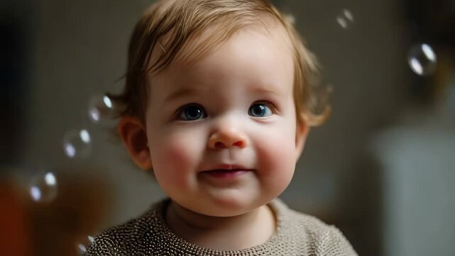 Adorable baby with wide eyes and puckered lips blowing bubbles