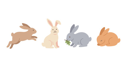 Fototapeta premium four cartoon rabbits in different poses isolated on white background