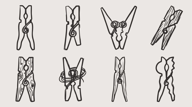 A collection of hand-drawn vector illustrations depicting various styles of clothespins or laundry pegs, useful for household and textile-themed designs