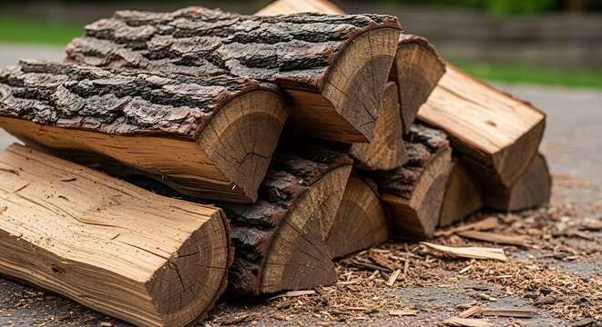 Stacked firewood logs with rough bark and textured wood grain, ready for winter warmth, rustic outdoor setting