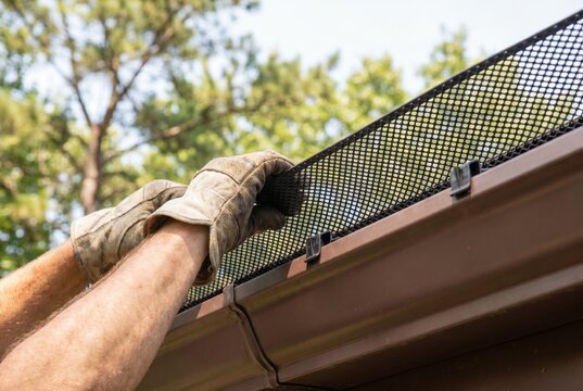 Handyman wearing leather gloves installing a black mesh leaf guard over a roof gutter