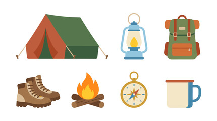 flat design camping essentials set with tent and hiking gear © Andrei