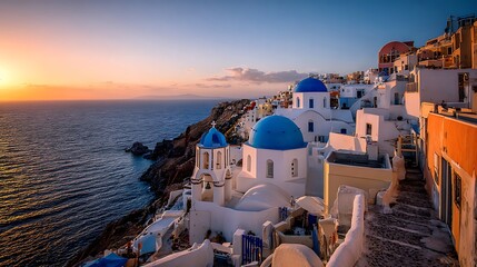 Fototapeta premium Sunset over Oia village in Santorini Greece