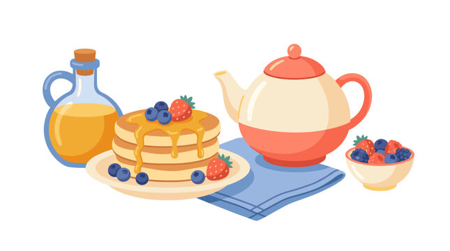 fresh blueberry pancakes breakfast setup with tea and honey on wooden table
