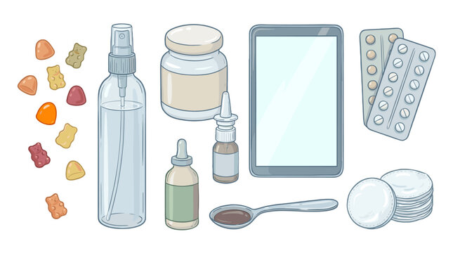 flat lay healthcare essentials with pills bottles and digital tablet mockup