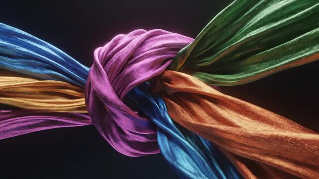 Colorful Fabric Strands Twisted Together in a Knot.
