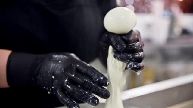 Chef prepares fresh burrata cheese by stretching and shaping stracciatella