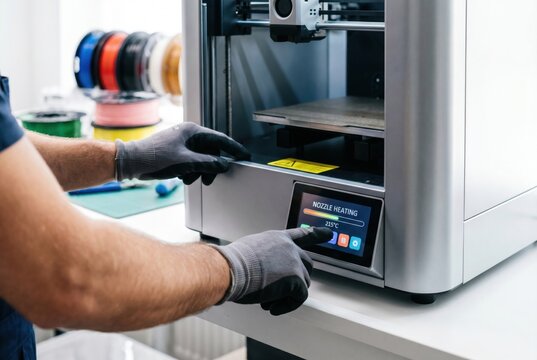 Technician configuring the nozzle heating settings on the touchscreen of a desktop 3D printer