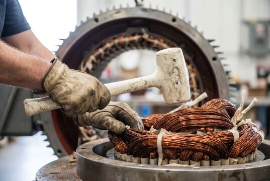 Engineer using a rubber mallet to adjust copper wire coils inside a large electric motor stator