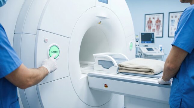 Medical technician pressing the green start button on a modern MRI scanner machine in a hospital