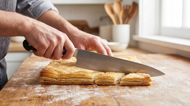 Professional baker using a large chef knife to cut freshly baked flaky puff pastry on a wooden board