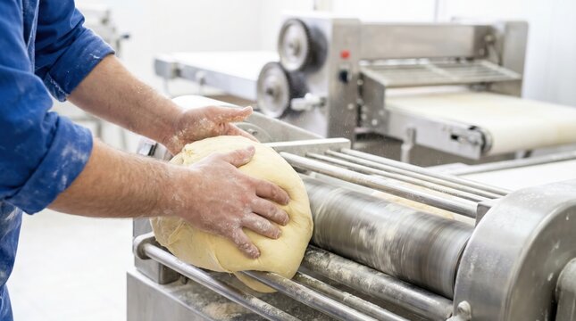 Factory baker processing a large batch of fresh dough through an industrial sheeter machine