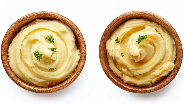 mashed potatoes swirled in wooden bowl top view isolated on white background
