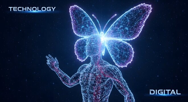 Digital human figure with luminous butterfly wings representing technology and AI evolution technology particle