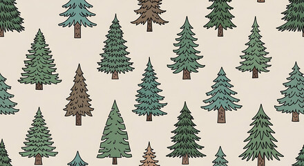 Fototapeta premium Repeating pattern of stylized pine trees in various shades of green and brown, perfect for holiday or nature-themed designs, fabric printing, or wallpaper.