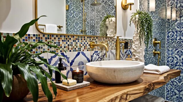 Luxury bathroom vanity with stone sink and blue pattern tiles